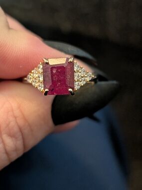 Gold S925 Ring with Emerald-Cut Ruby Center and Pave CZ Shoulders - Pink Ruby